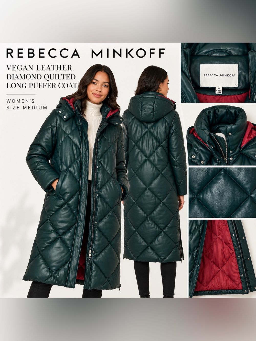 Rebecca Minkoff Vegan Leather Diamond Quilted Long Puffer Coat Women’s Medium